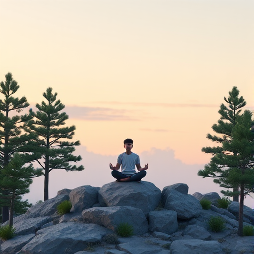 create a digital illustration of a serene scene featuring a person meditating on a rocky hill surrounded by pine trees, with a soft pastel sky in the background, using a Canon EOS R5, 50mm lens, f/2.8, ISO 100, 1/125s for a crisp focus and vibrant colors
