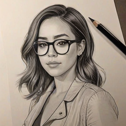 Stunning Chloe Bennet, pencil sketch, portrait of Graceful woman 1937s in glasses, hair style beatnik, outline, clear lines, fine lines, 8k