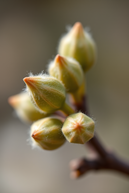 close-up of soft, fuzzy plant buds on a branch, macro photography, aperture f/2.8, shutter speed 1/250 sec, ISO 100, natural light, DSLR camera, shallow depth of field, focus on the texture of the buds