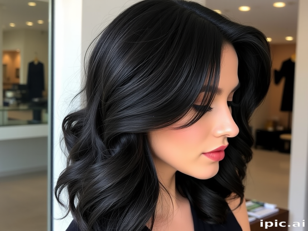 Sophisticated long layers in glossy jet black, styled with voluminous curls and a deep side part, exuding timeless glamour and sophistication
