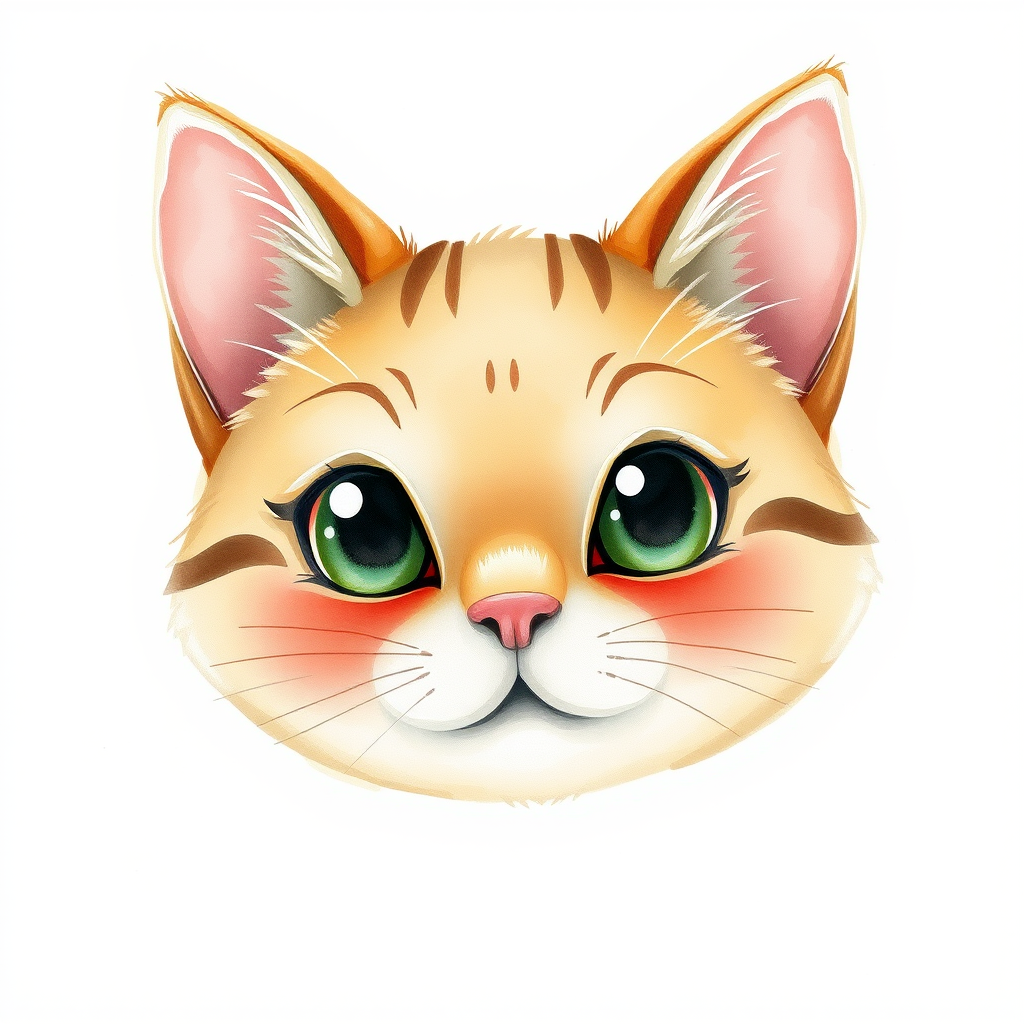 Create a high-resolution watercolor illustration of a cute cartoon cat head with soft earthy tones, captured with a Canon EOS R5 at f/4, ISO 100, 50mm lens, in a natural light setting to enhance colors and details.