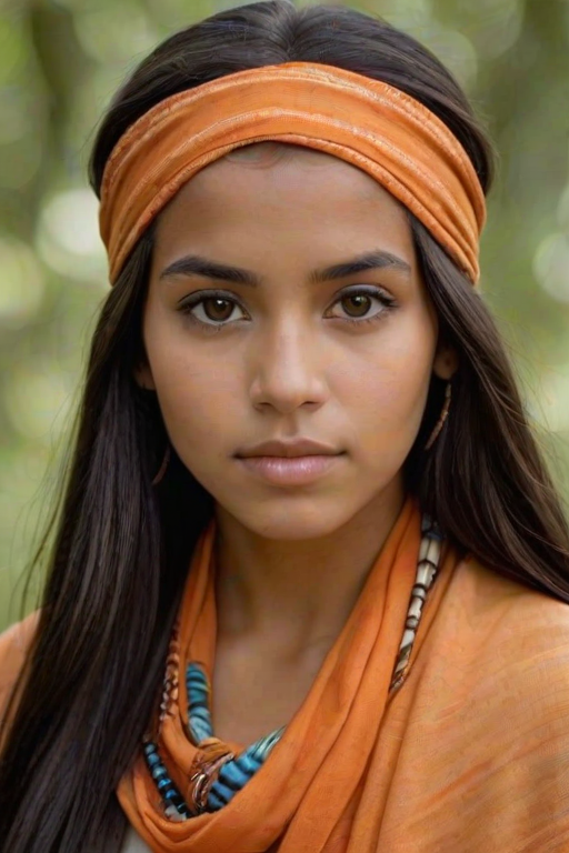 Create a portrait of a young Taino female with long, dark hair and captivating hazel eyes. She is wearing a orange headscarf and a matching scarf draped gracefully around her neck. The background is softly blurred, focusing attention on her serene and natural expression. The overall color palette is muted and warm, enhancing the intimate and authentic feel of the portrait.