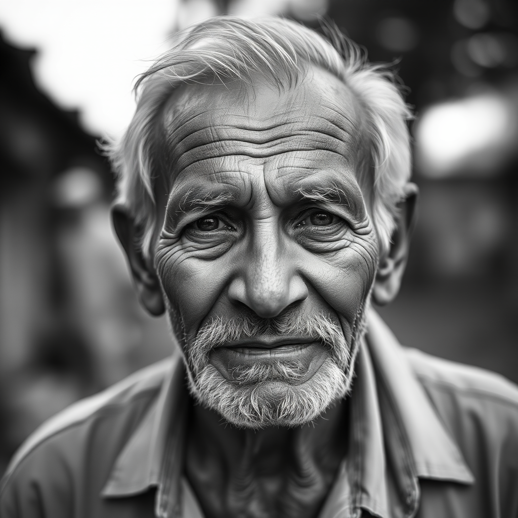 portrait of an elderly man with a weathered face and a gentle expression, captured in black and white with a shallow depth of field, using a 50mm lens at f/1.8, ISO 200, natural light, taken with a DSLR camera, centered composition with soft bokeh background
