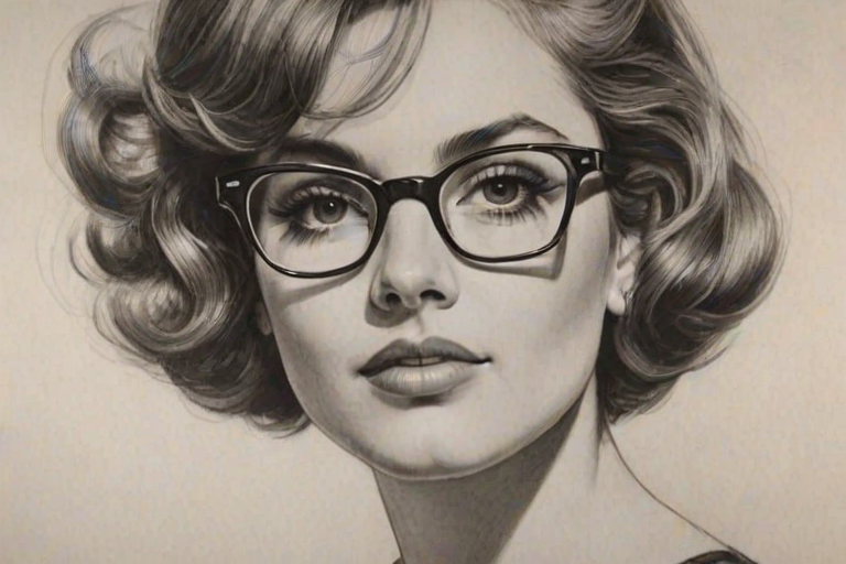 Splendid Molly McNearney, pencil sketch, portrait of Ravishing woman 1964s in glasses, hair style beatnik, outline, clear lines, fine lines, 8k