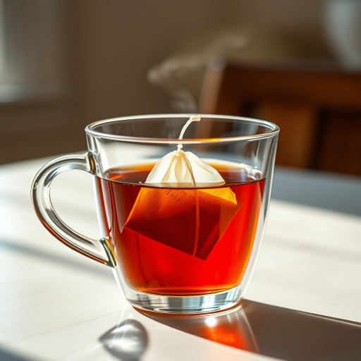 Create a high-resolution digital illustration of a transparent glass cup with a teabag submerged in hot tea, featuring a glossy surface reflecting light, with a soft focus background, captured with a DSLR camera at f/2.8, ISO 100, 50mm lens, natural lighting to enhance the warm tones.