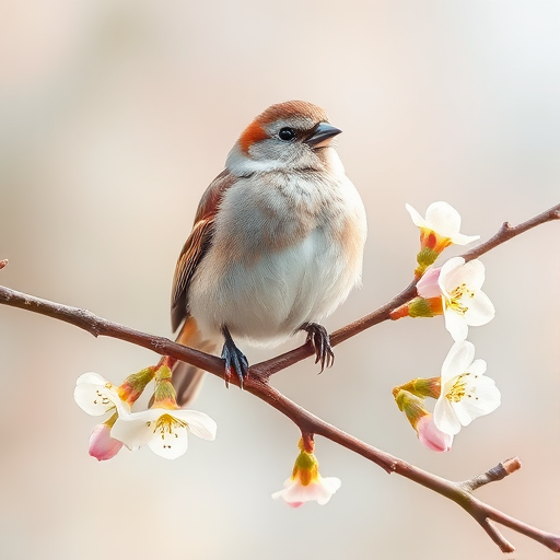 A realistic watercolor painting of a sparrow perched on a blooming branch, with soft pastel colors, taken with a Canon EOS R5, 85mm lens, f/1.8, ISO 100, natural light, shallow depth of field.