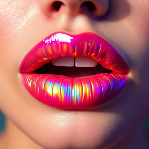Holographic lip topper transforms a neutral lip base into a captivating display of rainbow hues, shifting colors as light reflects off the lips' surface