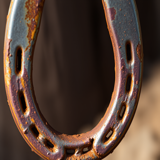 Create a detailed image of a horseshoe with a rusty metallic texture, close-up view, using a DSLR camera at f/2.8 aperture, ISO 100, 50mm lens, natural lighting for enhanced detail and clarity.