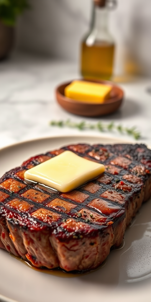 Create an image of a perfectly seared ribeye steak, resting on a white plate with a pat of melting butter on top. The steak is seasoned with fresh herbs like thyme and parsley, with glistening juices highlighting the texture of the meat. The background features a soft focus on a light, marble countertop, with a small dish of butter and an olive oil bottle in the distance. The overall mood should be warm and inviting, capturing the deliciousness and juiciness of the steak.