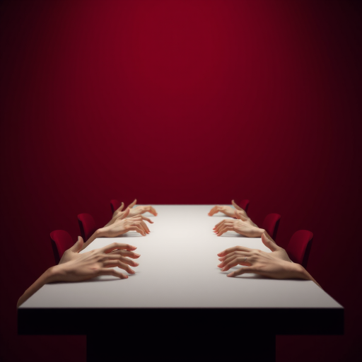 create an image of a long table with abstract hands reaching towards it, minimalistic style, rich burgundy background, soft focus, aperture f/2.8, ISO 100, 50mm lens, top-down view, digital art