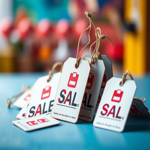 Create an image of sale tags displayed in a dynamic arrangement, using a 50mm lens, f/2.8 aperture, ISO 100, with a shallow depth of field and a vibrant background, captured using a DSLR camera in a studio setting.