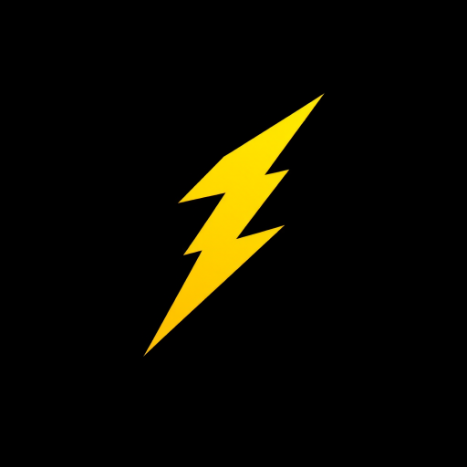 Create a vibrant yellow lightning bolt logo on a solid black background, using a DSLR camera with a focal length of 50mm, aperture set to f/2.8, and a shutter speed of 1/125s, shot from a slightly elevated angle to enhance depth and perspective.