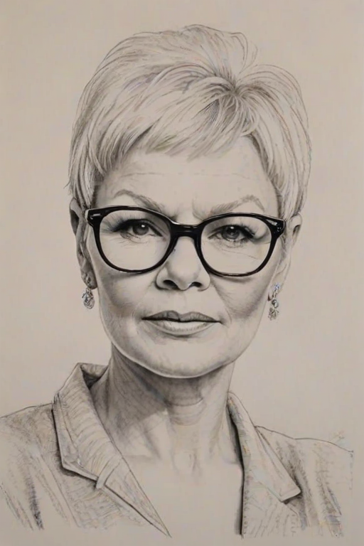Ravishing Judi Dench, pencil sketch, portrait of Lovely woman 1971s in glasses, hair style beatnik, outline, clear lines, fine lines, 8k
