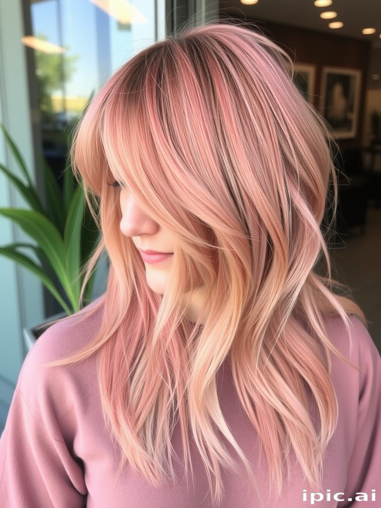 Rose gold shag haircut with curtain bangs and lots of layers, known as "Blushing Sunset," featuring a tousled, effortless look with darker roots for depth