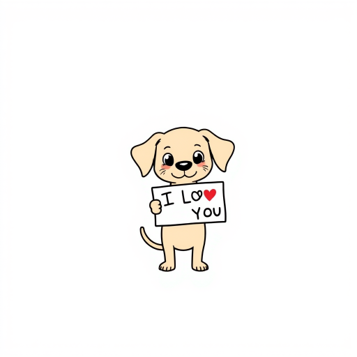 A minimalist cartoon of a PUPPY standing on a blank white background, holding a sign that simply says, 'I LOVE YOU.' The puppy is drawn with just a few lines: big eyes, whiskers, floppy ears, and a straight tail, giving it a comically desperate expression.