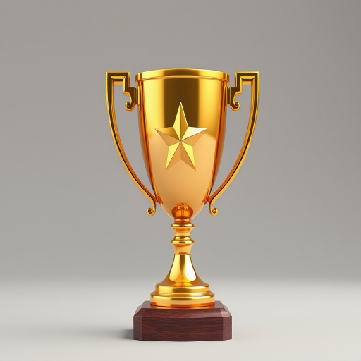 Generate a 3D digital rendering of a shiny golden trophy with a star on the front, positioned on a wooden base, using a Canon EOS 5D Mark IV camera with a 50mm f/1.8 lens, ISO 100, aperture f/2.8, and a soft-focus background to enhance the trophy's details and shine.
