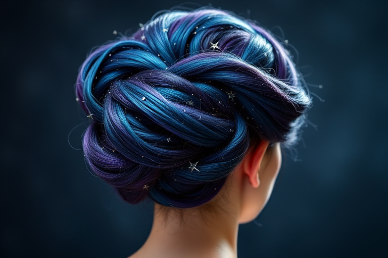 Celestial Galaxy Updo featuring a mesmerizing swirl of deep indigo purple and teal shades intermixed with shimmering silver star-like accents in an elaborate twisted bun