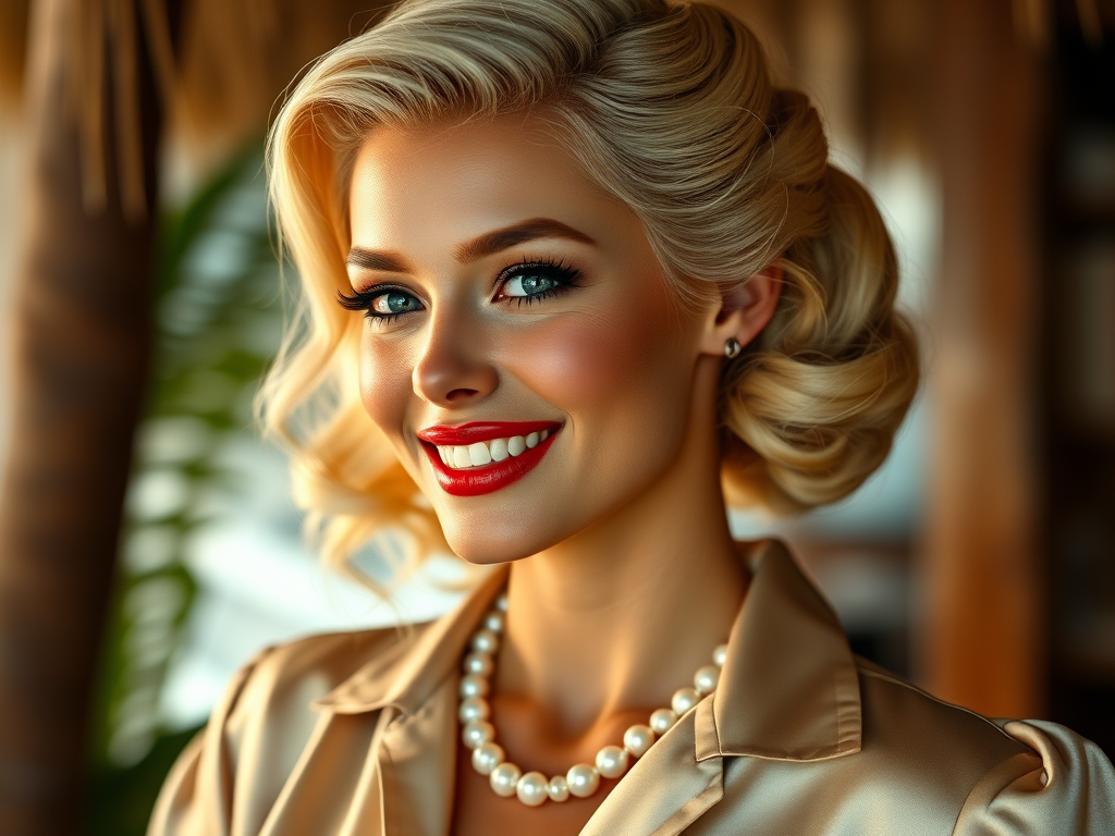 A beautiful Tahitian woman reminiscent of 1950s Hollywood glamour, with perfectly styled blonde hair and a seductive smile, dressed in a satin blouse and adorned with pearls, soft and warm tones, photorealistic, 8K
