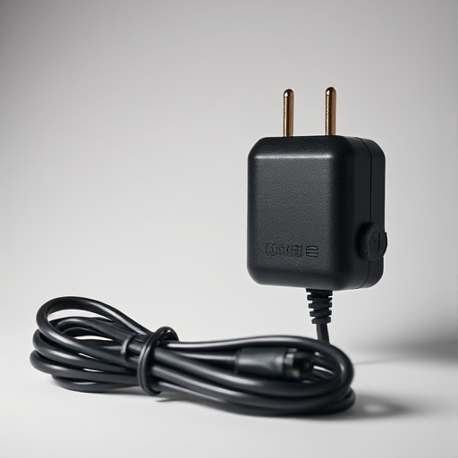 high-quality image of a black electrical wall adapter with a long power cord, soft lighting to enhance details, macro lens, f/2.8 aperture, 50mm focal length, ISO 100, taken from a 45-degree angle, neutral background for contrast