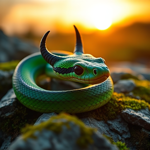 Regenerate a hyper-realistic image of a green and black snake with horn-like features resting on mossy rocks under a sunset, shot with a Canon EOS R5 camera, 85mm f/1.2 lens, aperture f/2.8, ISO 100, and a macro photography style to enhance detail and depth of field.