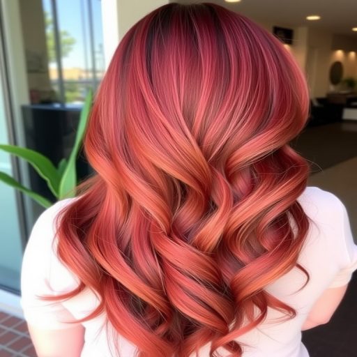 Elegant Crimson Cascade hairstyle featuring long, luxurious waves cascading down the back with a deep side part and subtle ombre effect transitioning from dark red to bright copper