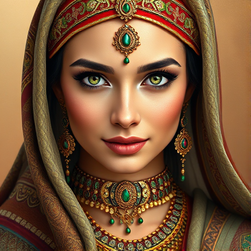 Create a portrait of a beautiful Arab woman with striking green eyes and a gentle expression. She is adorned in traditional attire with intricate patterns, including a richly embroidered headscarf and matching garments. Her jewelry includes a delicate headpiece, dangling earrings, and ornate bracelets, all featuring vibrant gemstones and detailed metalwork. The background is soft and warm, enhancing the rich colors of her outfit and jewelry.