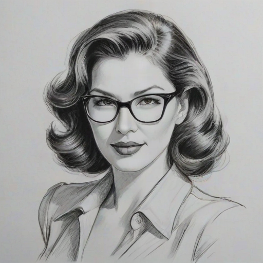 Alluring Laura Harring, pencil sketch, portrait of Elegant woman 1939s in glasses, hair style beatnik, outline, clear lines, fine lines, 8k