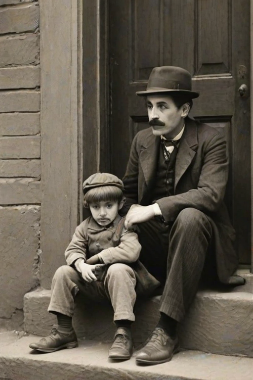 A black-and-white photograph of a man and a child sitting on steps in front of a doorway. The man is dressed as a tramp with a bowler hat, mustache, and ragged clothes, reminiscent of Charlie Chaplin's iconic look. He is sitting with his arms crossed and an expression of slight sadness or frustration. Next to him is a young boy, also in worn clothes and a cap, sitting with his hands clasped, looking thoughtful. The background is an old, textured wall and a partially open door, creating a vintage, early 20th-century atmosphere.