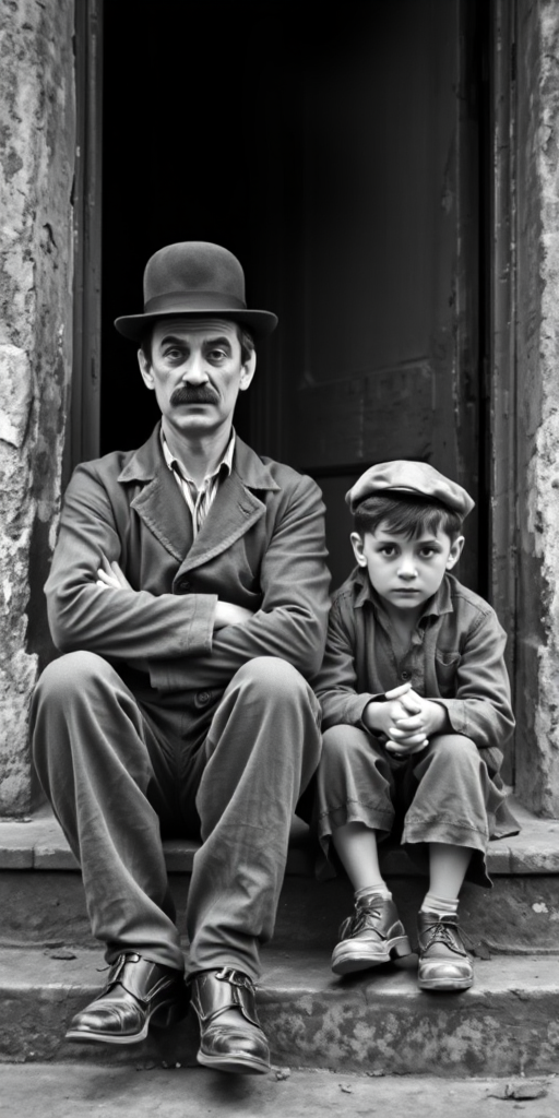 A black-and-white photograph of a man and a child sitting on steps in front of a doorway. The man is dressed as a tramp with a bowler hat, mustache, and ragged clothes, reminiscent of Charlie Chaplin's iconic look. He is sitting with his arms crossed and an expression of slight sadness or frustration. Next to him is a young boy, also in worn clothes and a cap, sitting with his hands clasped, looking thoughtful. The background is an old, textured wall and a partially open door, creating a vintage, early 20th-century atmosphere.