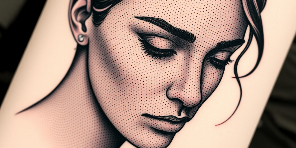 Stipple shading tattoo named "Pointillism Portrait" using countless tiny dots to create gradients and textures, forming a detailed portrait with a unique textural quality
