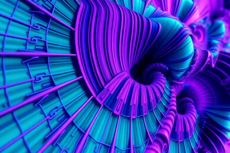 Generate an abstract fractal image with vibrant teal and purple hues, featuring sharp vertical lines and intricate patterns; use a Canon EOS R5 camera with a 50mm lens, aperture f/1.8, ISO 100, and shoot from a close-up perspective to enhance detail and clarity.