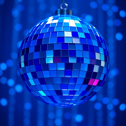 Create a high-resolution vector graphic of a three-dimensional blue disco ball with glossy tiles, captured with a Canon EOS R5 at f/4, 1/125s, ISO 100, from an eye-level angle in a studio lighting style.