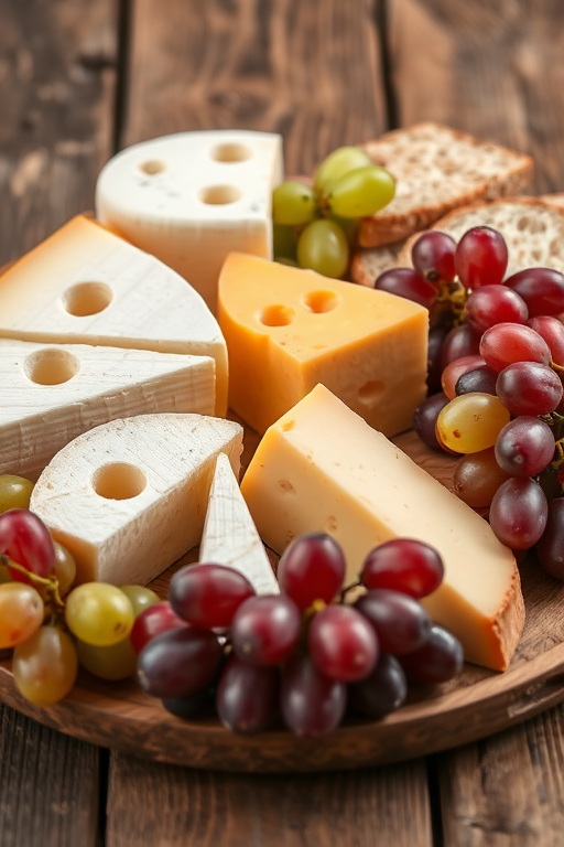 Create a still life composition featuring various types of cheese with holes, colorful grapes, and slices of bread arranged on a rustic wooden table, using a DSLR camera with a 50mm lens at f/2.8, 1/125s shutter speed, ISO 100, natural soft lighting, and a shallow depth of field to enhance detail and texture.