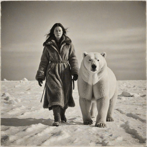 A very old photograph in black and white. The photo is badly damaged, faded, with scratches, tears, smudges and dirt. The photo is ultra-realistic and very detailed. It's a picture of an Arctic warrior. She is walking serenely towards the camera. At her side walks a majestic polar bear. Its fur shines in the sunlight. Snow, ice, sea. wind. snow in the air.