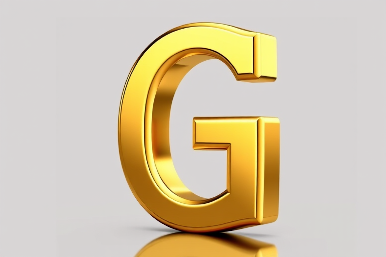 Create a high-resolution image of a bold, shiny golden letter G with a smooth reflective surface, using a DSLR camera with a 50mm lens, f/1.8 aperture, ISO 100, and 1/200 sec shutter speed, taken from a slight angle to enhance the 3D effect and depth.