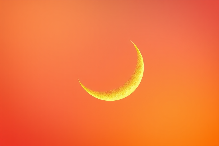 Create a high-resolution image of a golden crescent moon on a vibrant gradient background, using a DSLR camera with a 50mm lens, aperture set to f/1.8, ISO 100, and a soft focus effect.