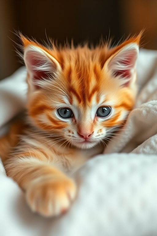 A close-up portrait of a fluffy orange tabby kitten nestled in a soft white blanket, captured using a DSLR camera with a 50mm lens, aperture set to f/1.8 for a shallow depth of field, ISO 200, natural light for soft shadows and highlights.