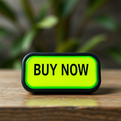 Create a high-resolution image of a bright green "BUY NOW" button with bold black text, using a DSLR camera with a 50mm lens, aperture f/1.8, ISO 100, shot from a slightly elevated angle to provide depth, with soft natural lighting for enhanced clarity.