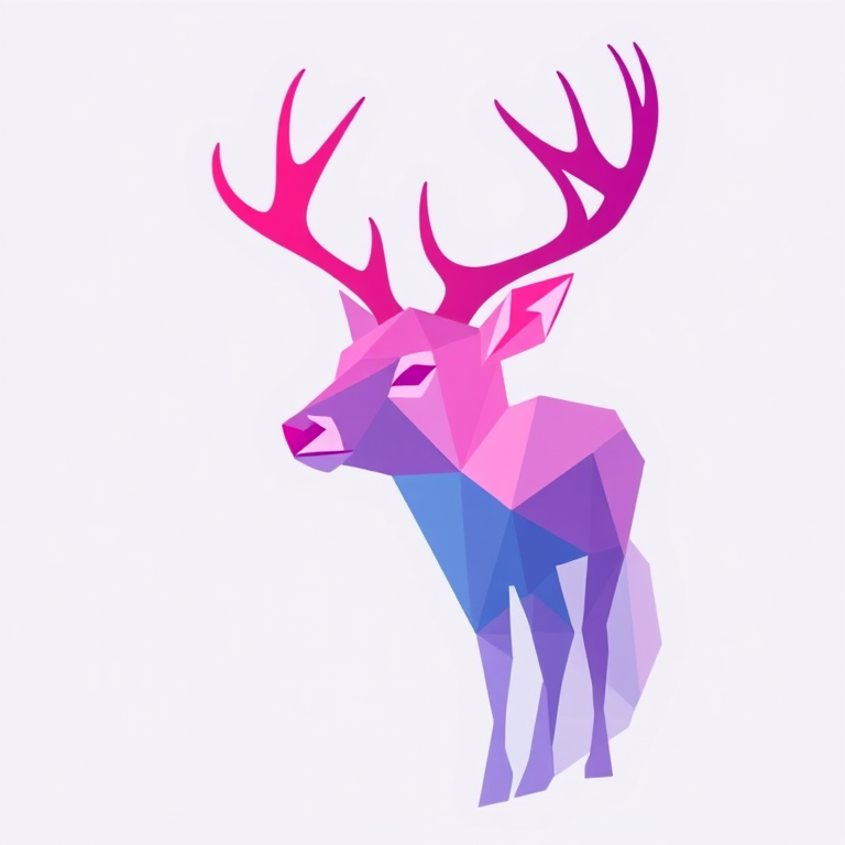 Create a high-resolution geometric illustration of a deer silhouette with a gradient color scheme from pink to blue, using a DSLR camera with a 50mm lens, aperture f/2.8, ISO 100, in a close-up view to enhance details and clarity.