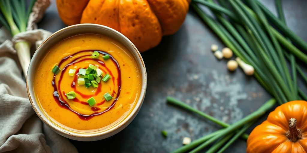 create an overhead shot of a bowl of pumpkin soup garnished with chopped green onions and a drizzle of balsamic reduction, with a whole pumpkin and green onions in the background, use a Canon EOS R with a 35mm lens, aperture f/2.8, ISO 200, natural lighting to enhance colors and details