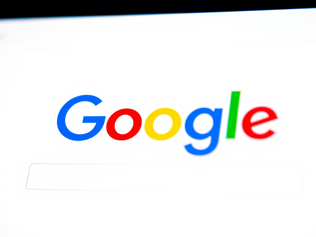 Create a high-resolution image of a Google search page with the Google logo prominently displayed in bright red, blue, yellow, and green colors, using a wide-angle lens at f/8, ISO 100, and a shutter speed of 1/125 second, with a soft focus background to enhance the logo's clarity and vibrancy.