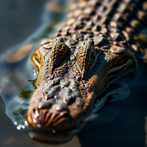 capture a close-up of a crocodile emerging from the water with detailed textures on its skin, shallow depth of field, natural light, 50mm lens, f/2.8 aperture, ISO 200, shutter speed 1/200 sec, DSLR camera, low-angle view