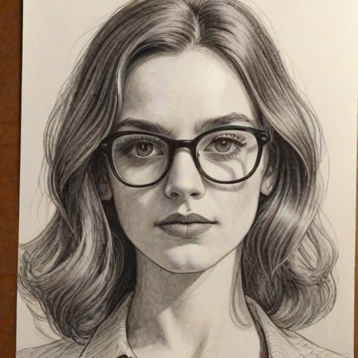 Fascinating Victoria Pedretti, pencil sketch, portrait of Stunning woman 1971s in glasses, hair style beatnik, outline, clear lines, fine lines, 8k