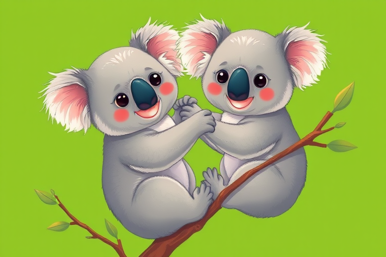Create an illustration of two cute koalas playing together on a vibrant green background, using a digital art style with high saturation, shot with a Canon EOS R5 at f/2.8, ISO 100, and 50mm lens to ensure sharp focus and vivid colors.
