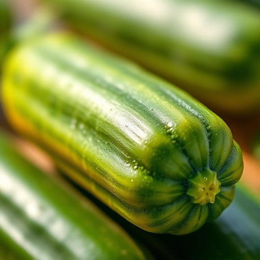 Generate a realistic 3D rendering of a cucumber with smooth skin and a glossy texture, using a Canon EOS 5D Mark IV, 50mm lens, f/2.8 aperture, ISO 100, in natural lighting to enhance the vibrancy and details.