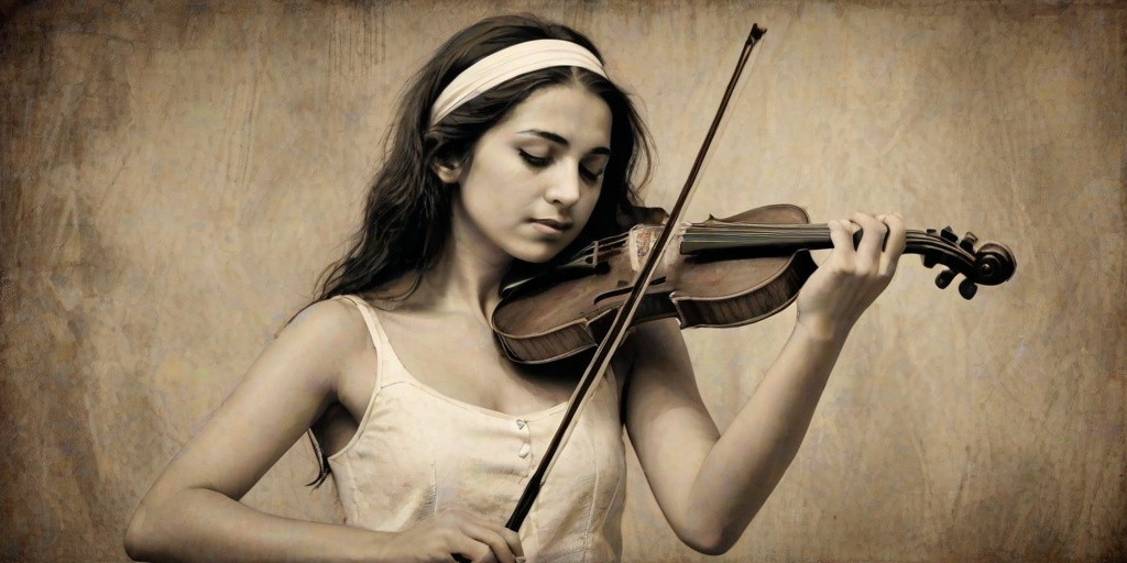 a young Turkish woman with a white headband playing a violin, in the style of a charcoal drawing, sepia grunge background