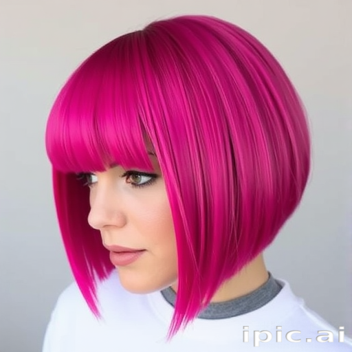 Vibrant magenta bob with "Berry Blaze" flair boasts blunt bangs and sleek, straight lines, creating a bold and edgy aesthetic