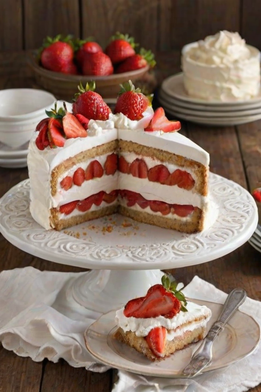 Create a delicious dessert image featuring a slice of cake layered with fresh strawberries and whipped cream. The cake should have a light, fluffy texture and be dusted with powdered sugar. Add a few strawberries on the side for garnish. The setting should be a rustic wooden table to enhance the warm, inviting feel of the dessert.