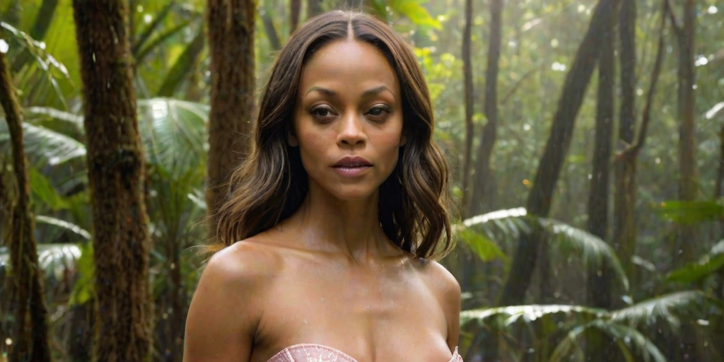 A photo of an old, beautiful Zoe Saldana with light tanned skin, a small nose, and soft pink lips. She has perfect symmetric eyes and wears a strapless transparent bikini. She has a big female bosom with push-up. The model is standing under the warm sunlight, showcasing her toned figure and delicate curves. The background is a rain forest with sparkling water and trees. The overall ambiance is a perfect blend of luxury, glamour, and beachside leisure.