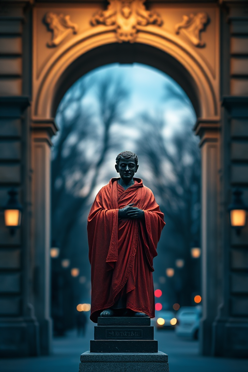 regenerate the image of a statue dressed in red and black robes, standing under an ornate archway at dusk, with a shallow depth of field, ISO 100, f/2.8, 1/60 sec, 50mm lens, shot with a full-frame DSLR camera, in a city setting with a soft bokeh background for enhanced quality